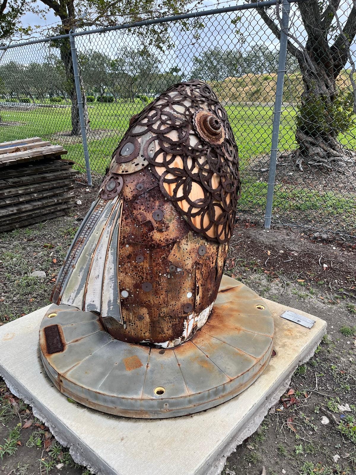 Public art fish sculpture before surface prep — rust and corrosion